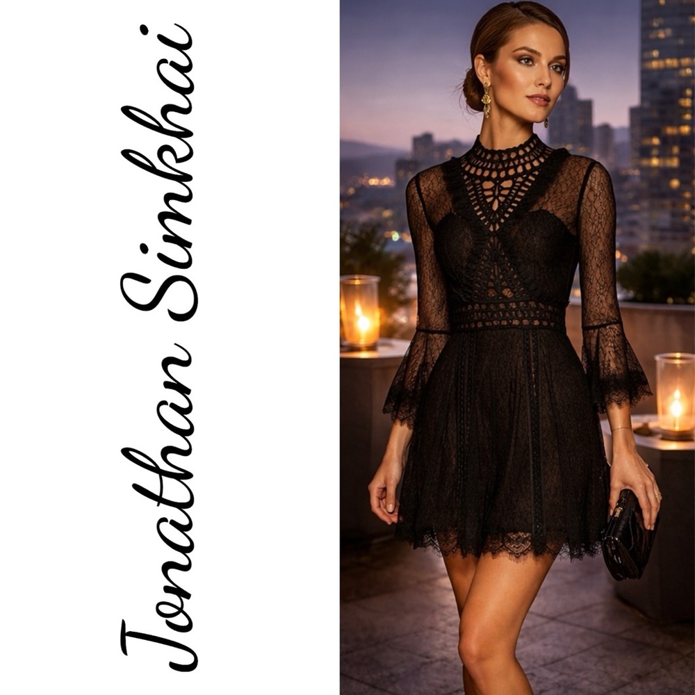 JONATHAN‎ SIMKHAI CHANTILLY Black Lace Illusion High-Neck Mini Dress, Size 2